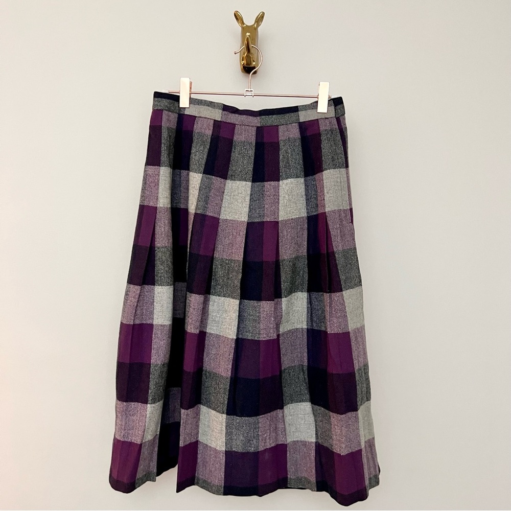 Vintage Union Made Purple Plaid Wool Blend Pleated Skirt - Picture 9 of 16